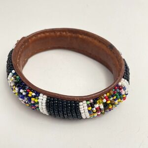 Vintage 90s Glass Bead Leather Bangle Bracelet Boho Tribal Fashion Jewelry